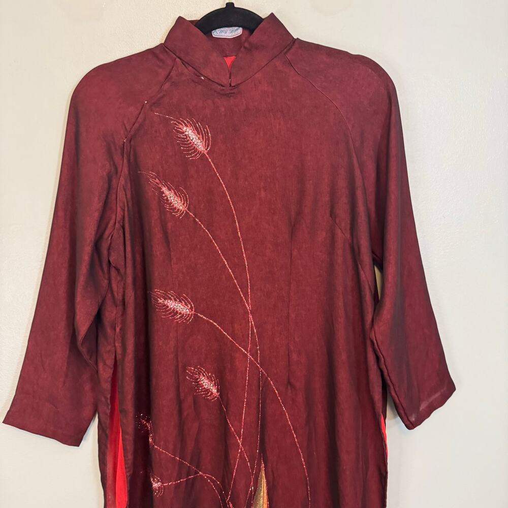 My Hauh Ao Dai Dress M/L Red Midi Vietnamese Cultural Ethnic Artsy Traditional - Picture 4 of 10